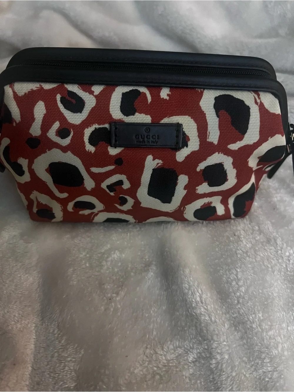 Gucci Leopard Print Cosmetic Pouch in Rust, Black & Cream